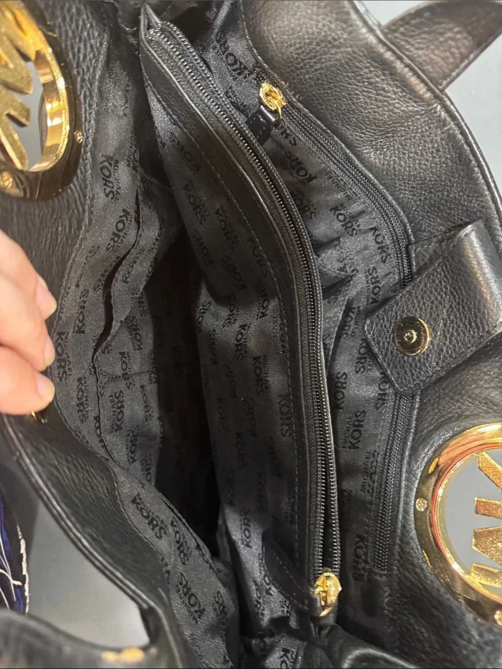 Michael Kors Black Pebbled Leather Tote with Gold MK Medallion